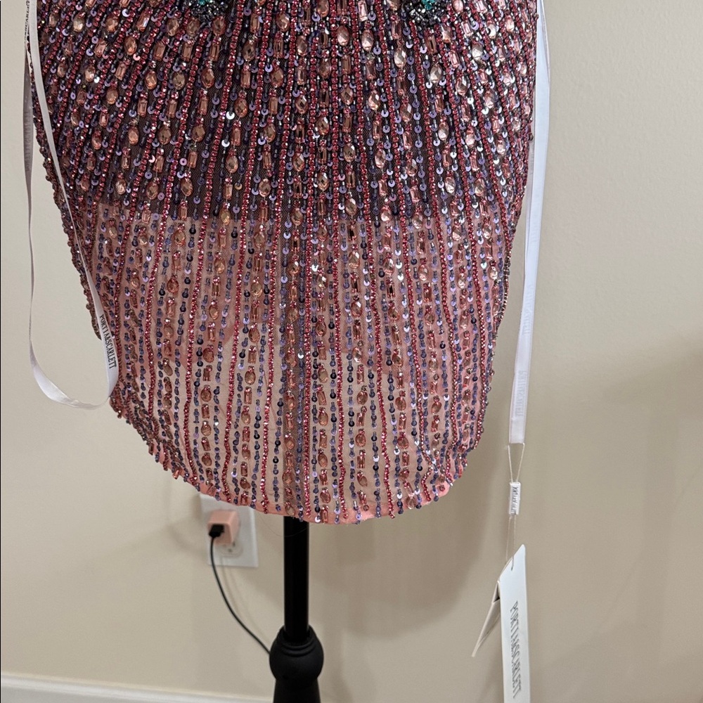 Portia and Scarlett Iridescent Silver and Pink Beaded Mini Homecoming Dress - Picture 4 of 5